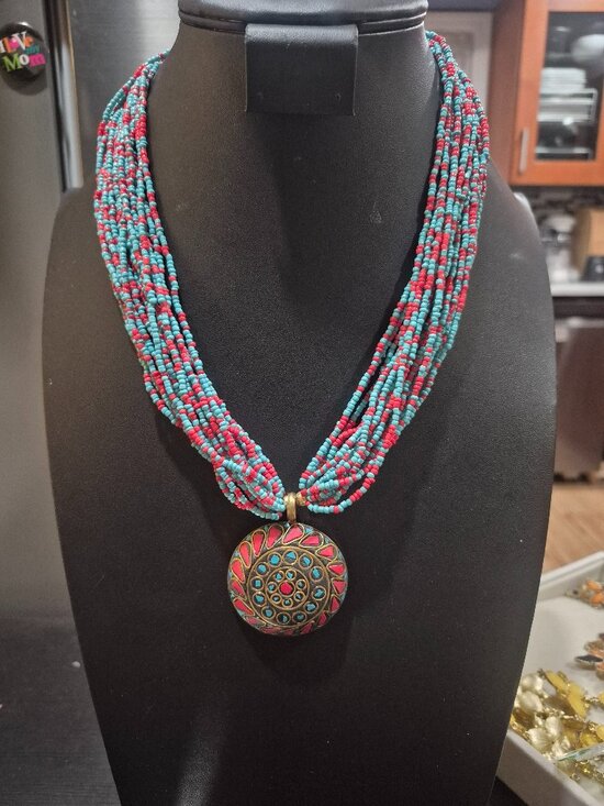Source Unknown Jewelry - Vintage Bohemian style seed bead coral and turquoise necklace